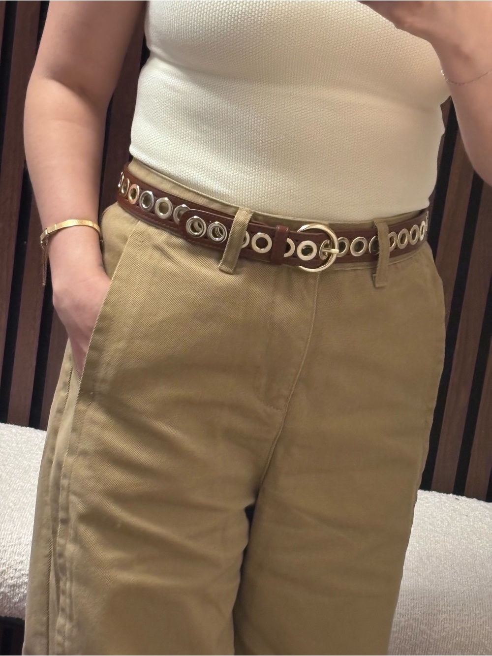 Sandro Brown Leather Grommet Belt with Gold-Tone Round Buckle - Picture 6 of 6